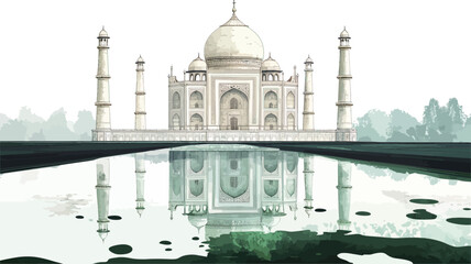 Obraz premium The image depicts a stylized rendering of the Taj Mahal in India. The structure is shown in a light, almost washed-out white color, with a clear reflection mirrored in a body of dark green water