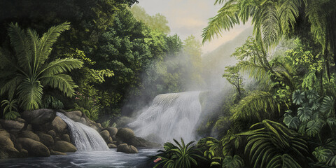 Fototapeta premium Lush tropical waterfall surrounded by dense greenery and mist