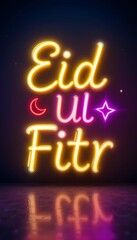 Obraz premium Glowing Neon Eid ul-Fitr Celebration with Crescent Moon and Festive Lights on a Dark Elegant Background