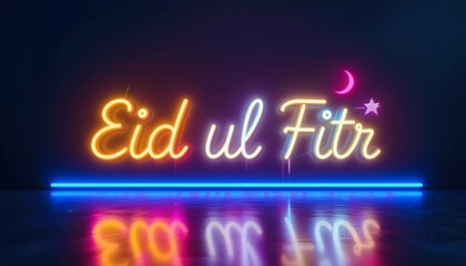 Obraz premium Glowing Neon Eid ul-Fitr Celebration with Crescent Moon and Festive Lights on a Dark Elegant Background