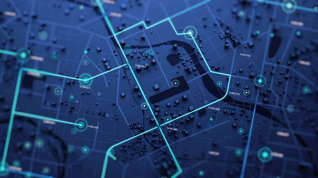 3D rendering of the aerial view of a city map with intersections, navigation lines, and running digit numbers, like a digital travel information hub for transport and technology concept