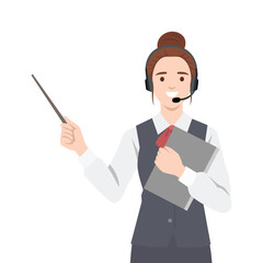 Professional Operator or Instructor Giving a Presentation holds a pointer and a folder. Flat vector illustration isolated on white background