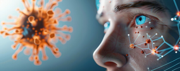 digital representation of human face with holographic interface analyzing virus particle, showcasing advanced technology in healthcare and immune response