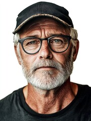 Portrait of a Man with Weathered Face Glasses and Baseball Cap