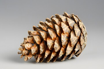 Detailed Close-up of a Pine Cone: Exploring the Intricate Structure and Textures of a Natural Conifer Cone against a Neutral Background, Revealing the Beauty of Botanical Details.