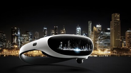 Futuristic Virtual Reality Headset against Night Cityscape