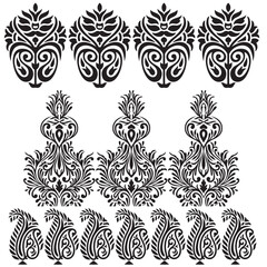 Printblack and white ornamental pattern, in the style of symbolic flower, bold yet graceful, spare and elegant brushwork, stencil-based Pro Vector