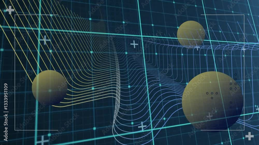 Poster animation of 3d spheres with grid lines forming dynamic wave patterns