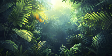 Lush tropical rainforest with dense green foliage and sunlight filtering through