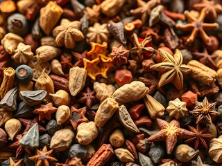 Obraz premium Macro View of Assorted Spices Star Anise, Nutmeg, Seeds, Cloves, Cinnamon, and Herbs.