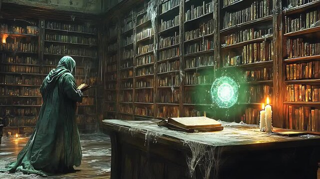 Mystical Ancient Library with Hooded Figure, Floating Magical Orb, and Dusty Bookshelves in a Candlelit Setting

 - Powered by Adobe
