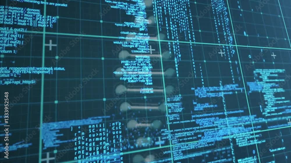 Poster Digital code and data processing animation over abstract technological background