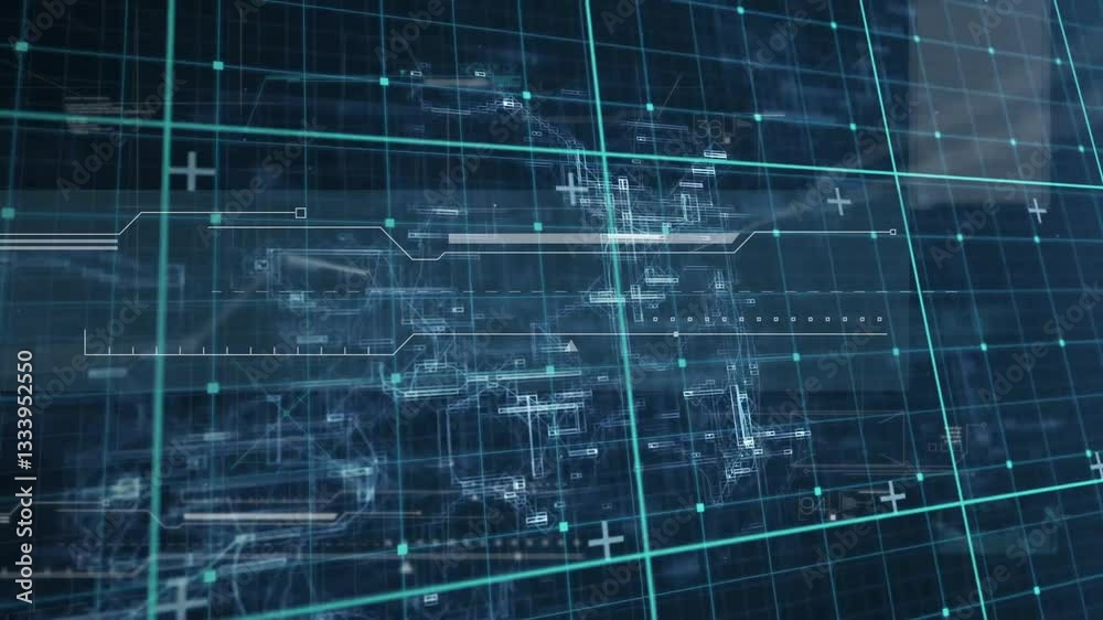 Poster animation of futuristic digital interface with grid lines and abstract patterns
