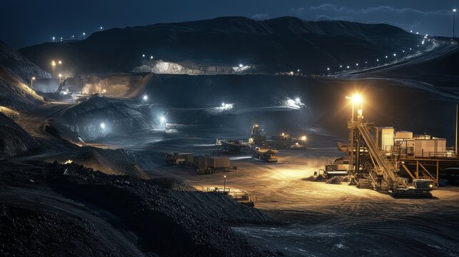 Illuminated mining site at night showcases industrial landscape and excavation