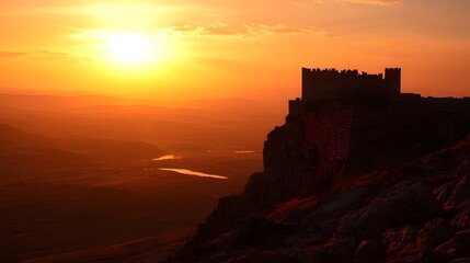 88. A distant fortress at sunset, its silhouette casting long shadows over the valley