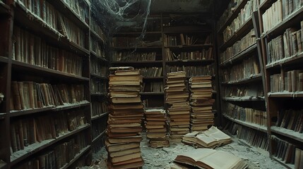 Obraz premium 91. A haunted library with towering bookshelves, filled with ancient tomes covered in dust