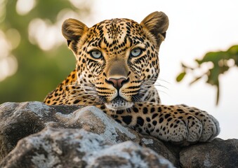 Obraz premium Majestic Leopard Resting on Rocky Surface with Expression of Calmness and Intensity Amidst Natural Background of Light and Foliage