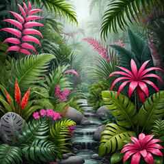 Fototapeta premium Lush tropical jungle, vibrant pink flowers, crystal clear stream, misty mountains with rocky riverbed