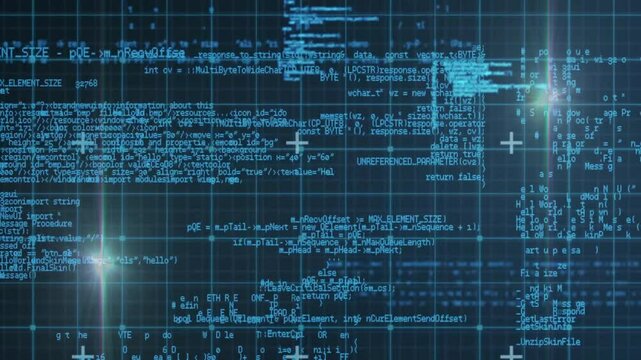 Glowing plus signs and light streaks on blue grid in animation background