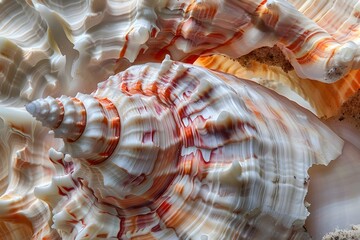 Seashell's Intricate Spiral: Observing the Colorful Bands and Exquisite Texture of a Unique Ocean Treasure, Showcasing Nature's Artistic Mastery and the Beauty of Coastal Wonders.