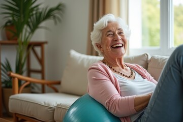 Joyful senior woman relaxing on an exercise ball in a cozy living room, embracing an active and healthy lifestyle with positivity and happiness