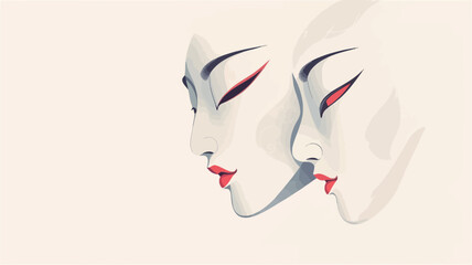 Digital illustration of two stylized female faces in profile, reminiscent of geishas. The artwork features a minimalist style with a predominantly white background. The figures are rendered with
