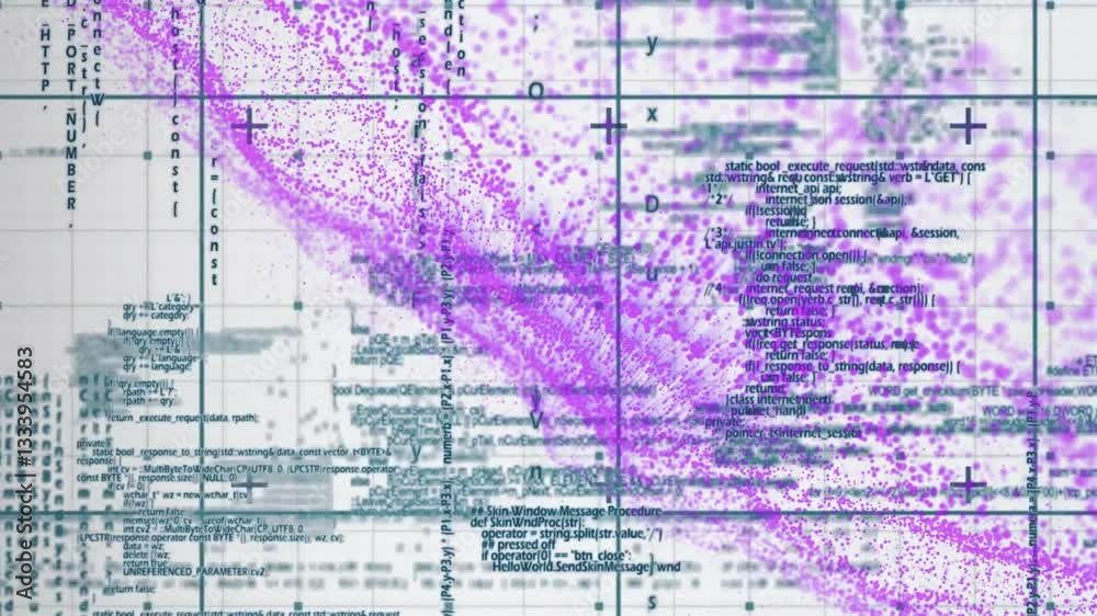 Poster creating complex pattern, purple data points and text scattered over grid animation