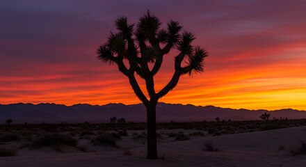 Fototapeta premium Joshua Tree Silhouette at Sunset with Dramatic Sky Landscape View