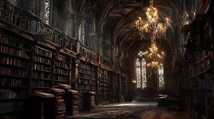 18. An abandoned gothic library with cobwebbed chandeliers, silent and haunted with time
