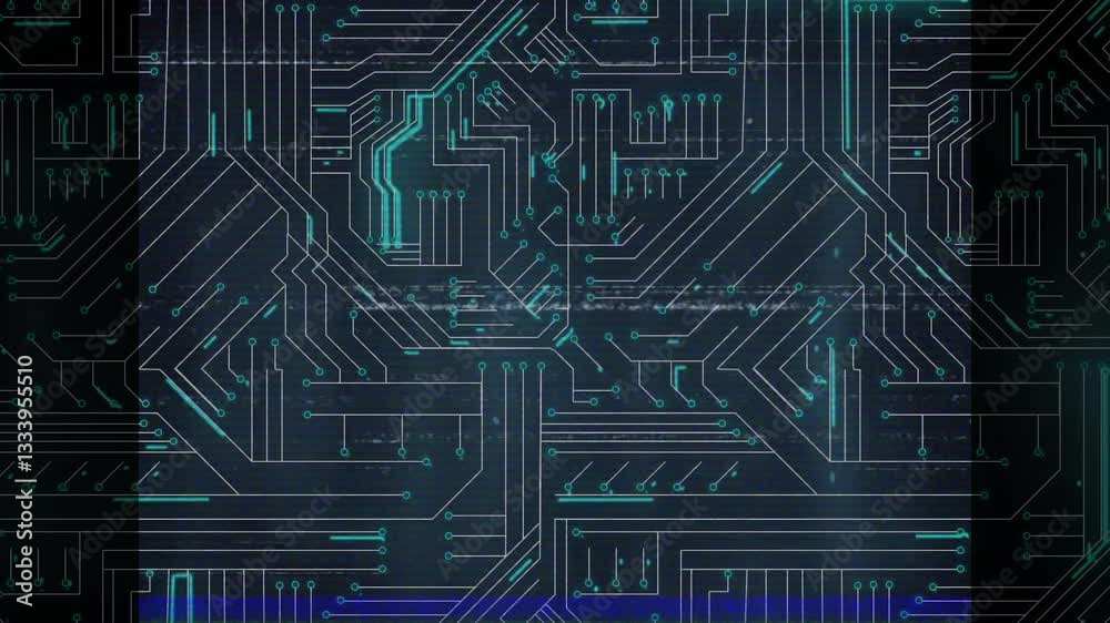 Poster glowing circuit board pattern with lines and nodes on dark background animation