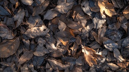 Fallen Leaves on Ground in Autumn Light with Shadows and Texture