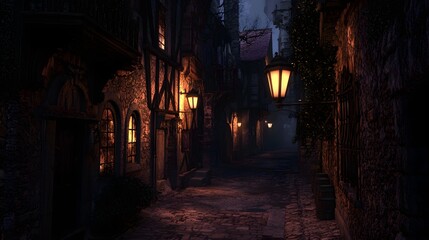32. A medieval street at dusk, lit by flickering lanterns and filled with eerie silence