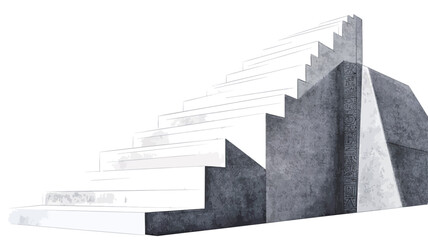 Obraz premium The image presents a grayscale drawing or sketch of an abstract architectural staircase. The staircase is depicted in a three-dimensional perspective, with varying shades of gray representing depth