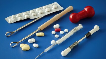 Modern medical setup with pills, syringes, and advanced instruments on a clean blue background