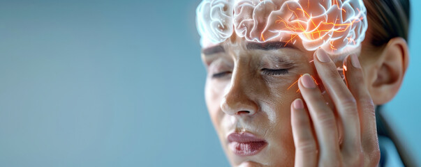woman experiencing headache with holographic brain projection highlighting stress and anxiety. image conveys sense of discomfort and tension