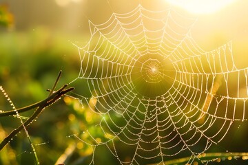 Morning Dew Glistens on Spiderwebs: Nature's Intricate Design in Golden Sunlight, a Breathtaking Display of Natural Art with Stunning Details.