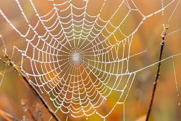 Obraz premium Dew-Kissed Spiderweb: A Close-Up Look at Nature's Intricate Design with Sparkling Water Droplets Adorning Each Strand, Showcasing the Beauty of Autumn's Subtle Hues.
