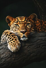 Fototapeta premium Majestic leopard resting on tree branch showcasing striking fur patterns and intense gaze in natural habitat, captivating and serene moment in wildlife photography