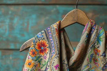 Naklejka premium Floral silk scarf displayed on a wooden hanger against a textured background Generative AI