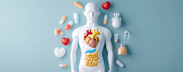Naklejka premium 3D illustration of human body highlighting internal organs like heart and intestines, surrounded by pills and health symbols on blue background