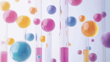 The image shows numerous translucent, glossy spheres in various bright colors (pink, orange, yellow, blue, purple) seemingly floating and suspended within and around transparent tubes containing