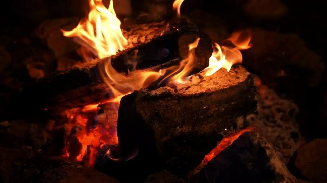 Campfire Burning at Night, close-up