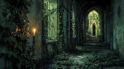 Obraz premium 58. A long-abandoned monastery with ivy-covered walls and a single candle burning in the distance