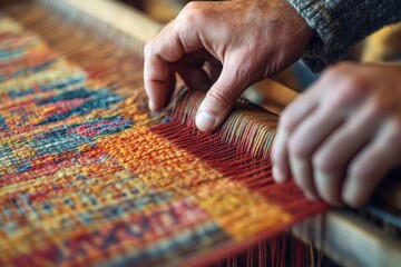 Hands Weaving a Vibrant Red-and-Yellow Patterned Rug on a Wooden Loom in a Rustic Workshop, Showcasing Traditional Textile Craftsmanship, Selective Focus, Blurred Image