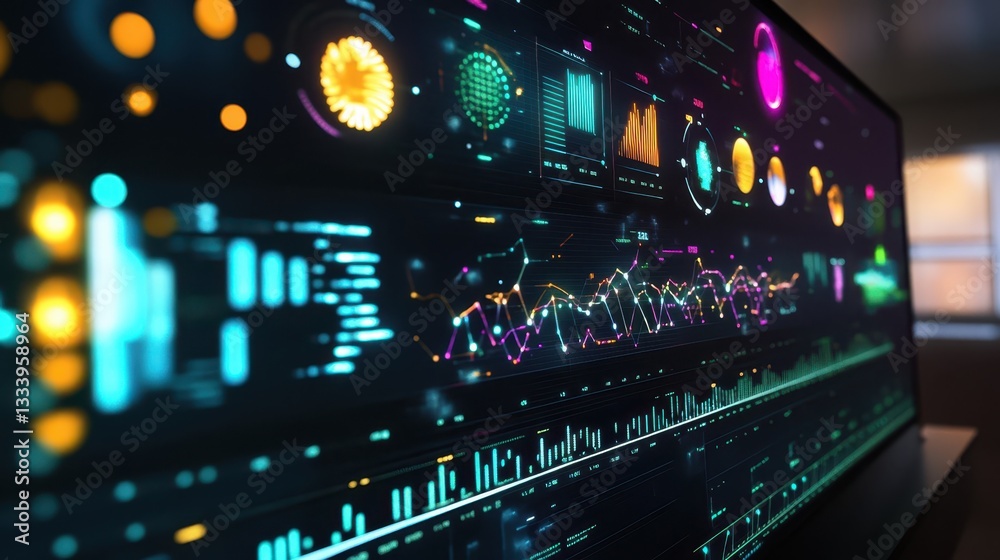 Poster a glowing digital screen displaying complex data visualizations in detail