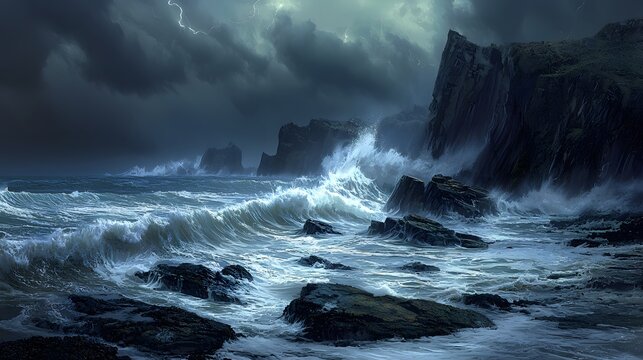 67. A dark and stormy coastline with towering waves crashing against jagged rocks