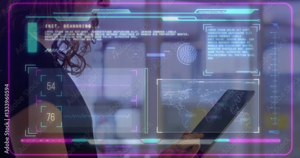 Poster using tablet with animation overlay, person viewing data and world map