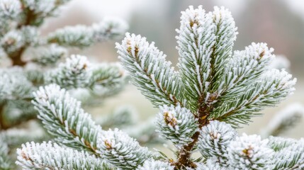 Frosted Pine Branches with Snowy Limbs Against a Winter Background