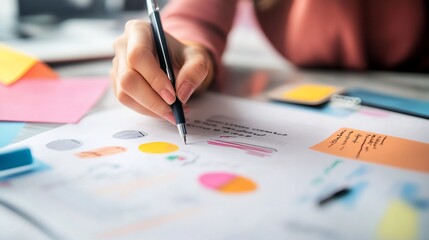 Woman hand writing notes and analysis data on paper sheets, planning projects