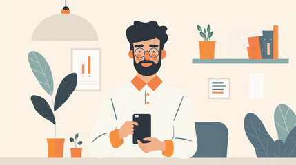 Young man with beard holding smartphone in modern workspace with plants and decor